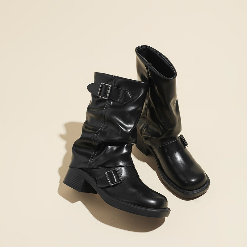 Women's Retro Style Round Toe Sleeve Pants Belt Buckle Pleated Pile Women's Leather Boots
