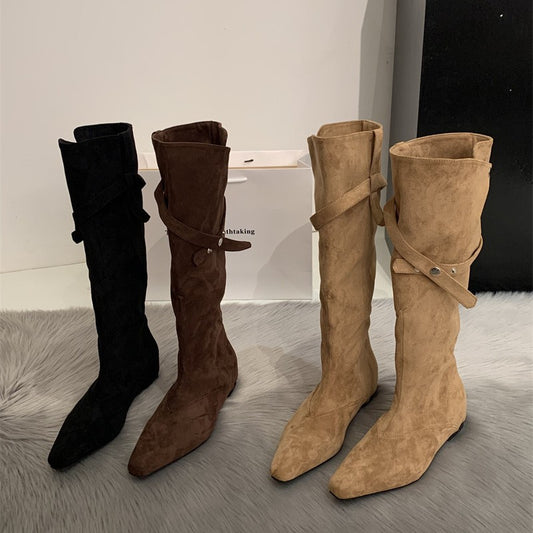 Women's Retro Low Tall Knight Two-way Pile Western Heels