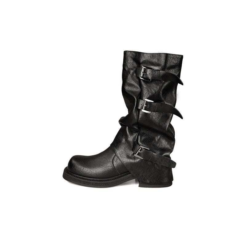 Women's Height Increasing Belt Buckle Head Amber Streamer Wind Western Pile Women's Leather Boots