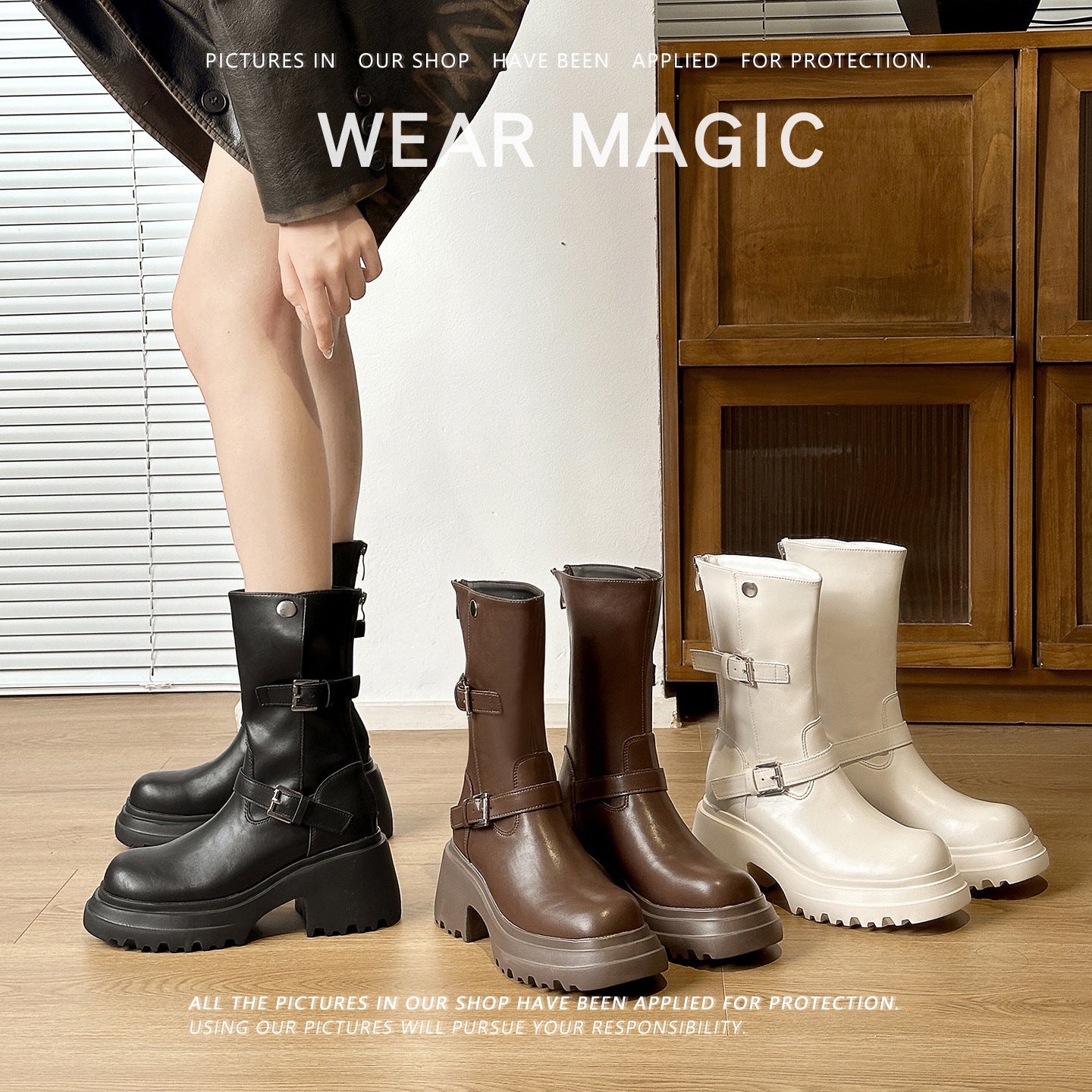 Women's Round Head Ankle Fashionable Thick-soled Brown Women's Leather Boots