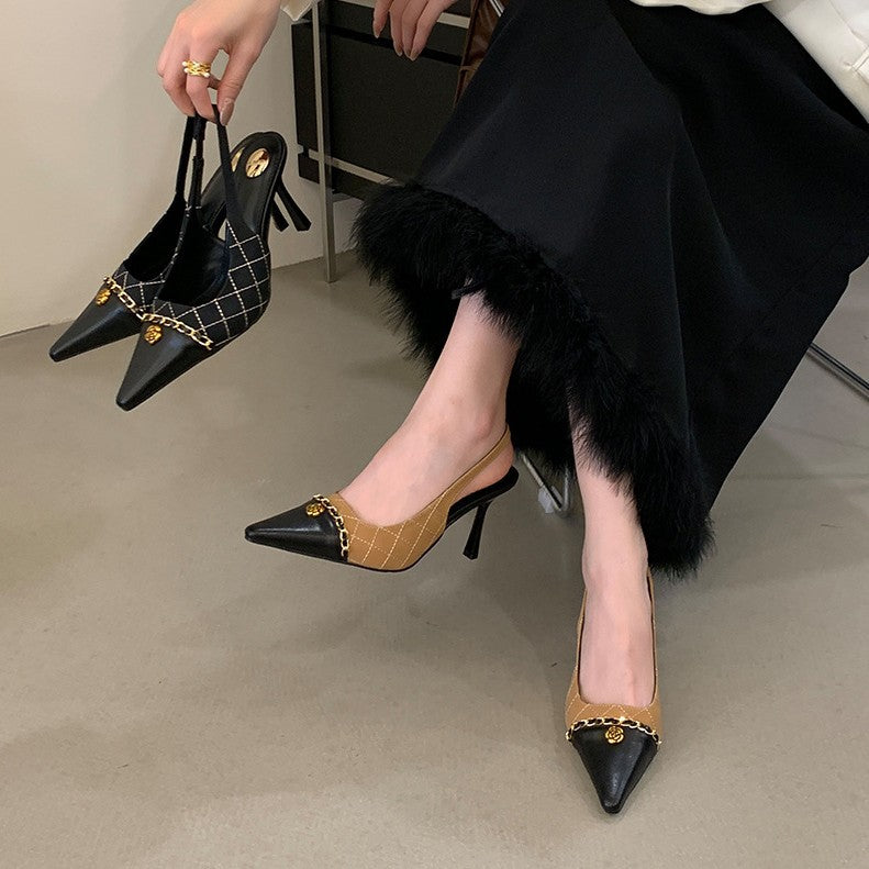 Women's Closed Toe Stitching Classic Style Stiletto Metal Chain Camellia High Heeled Sandals