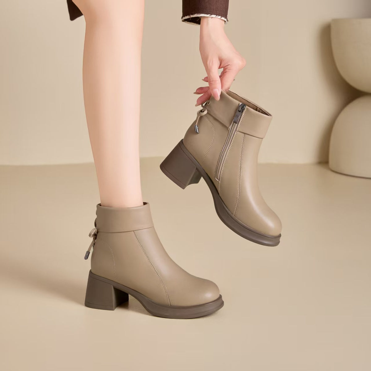 Women's Chunky Booties Martin Round Head High Women's Leather Boots