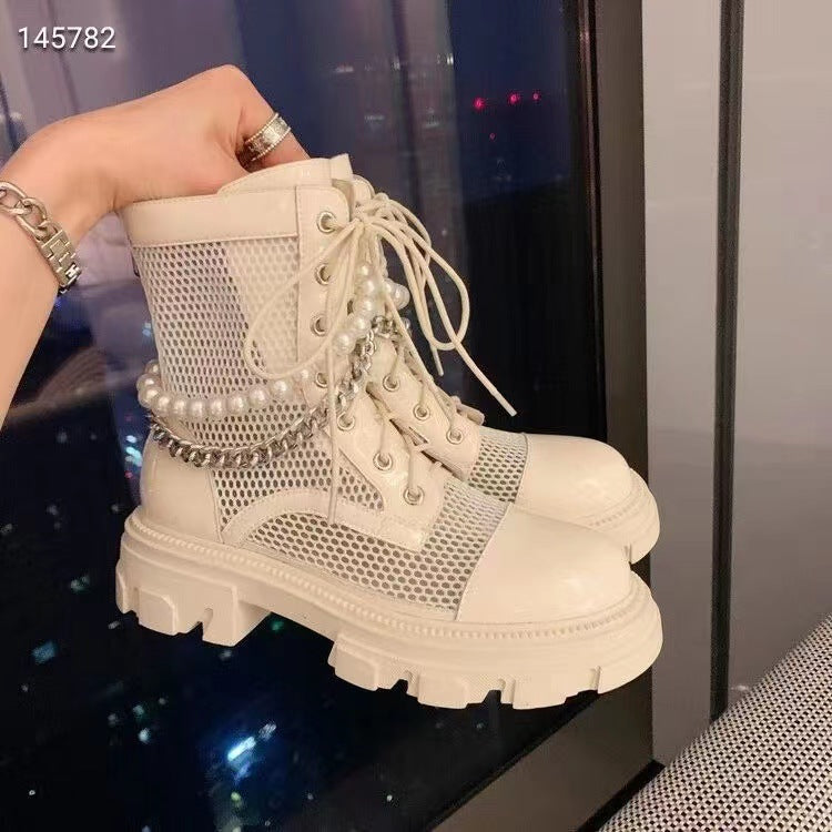 Women's Black Martin Pearl Chain Cool Patent Boots