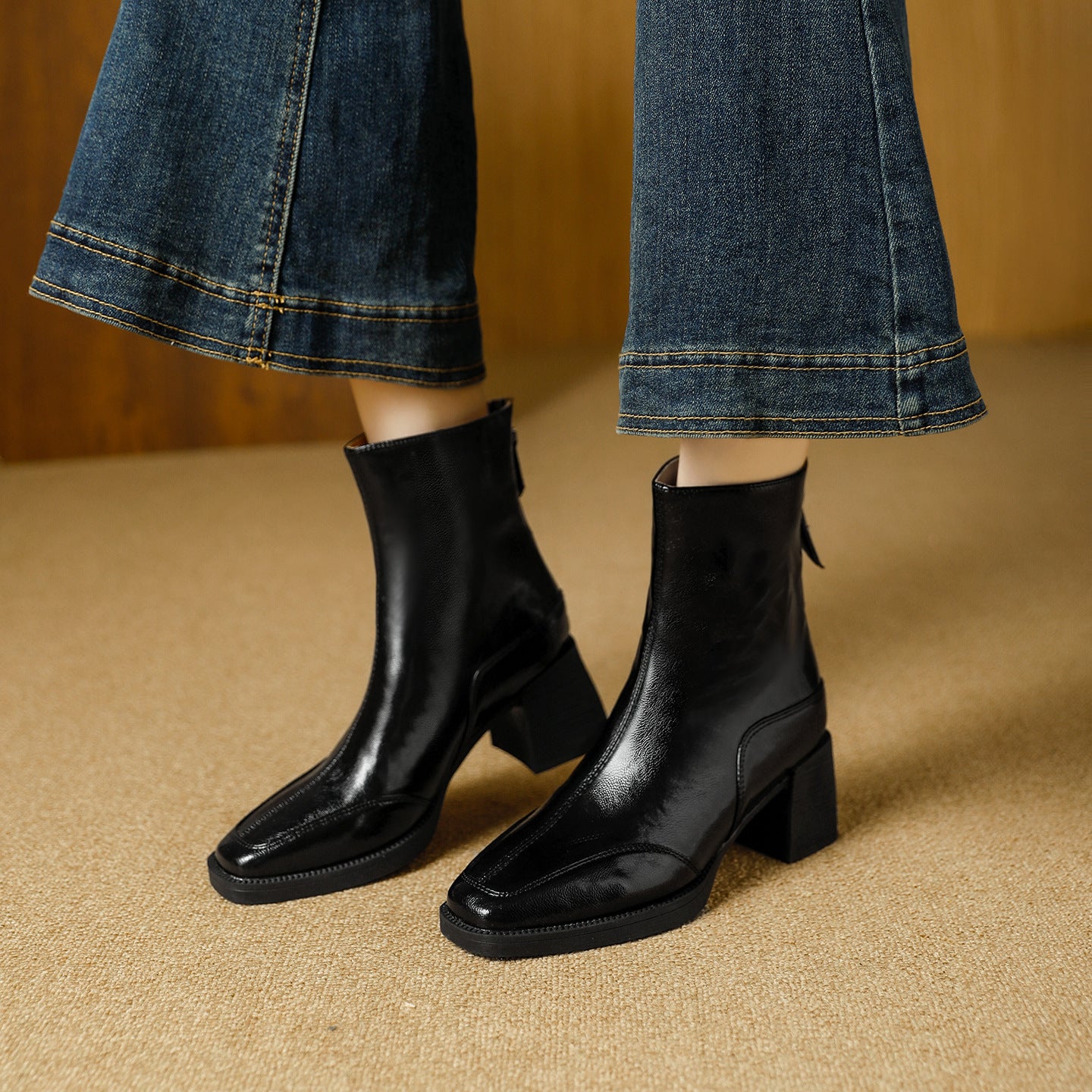 Women's Skinny French Brown Winter Chunky Square Women's Leather Boots
