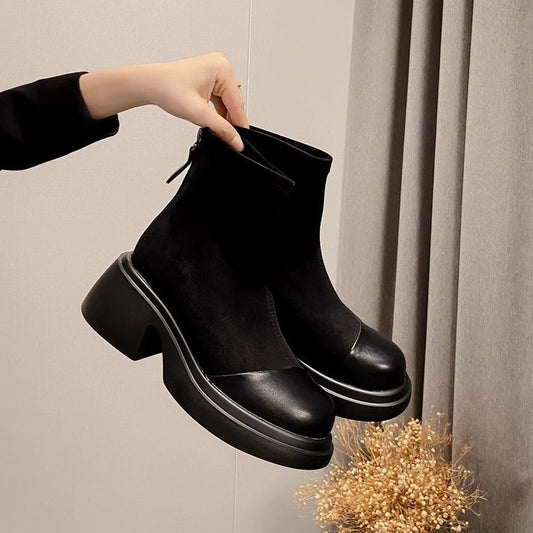 Small Size Female Chunky Suede Stitching Short Martin Increased Women's Leather Boots