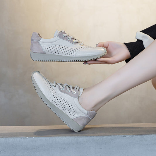 Women's White Summer Hollowed Leisure Flat Retro Sneakers