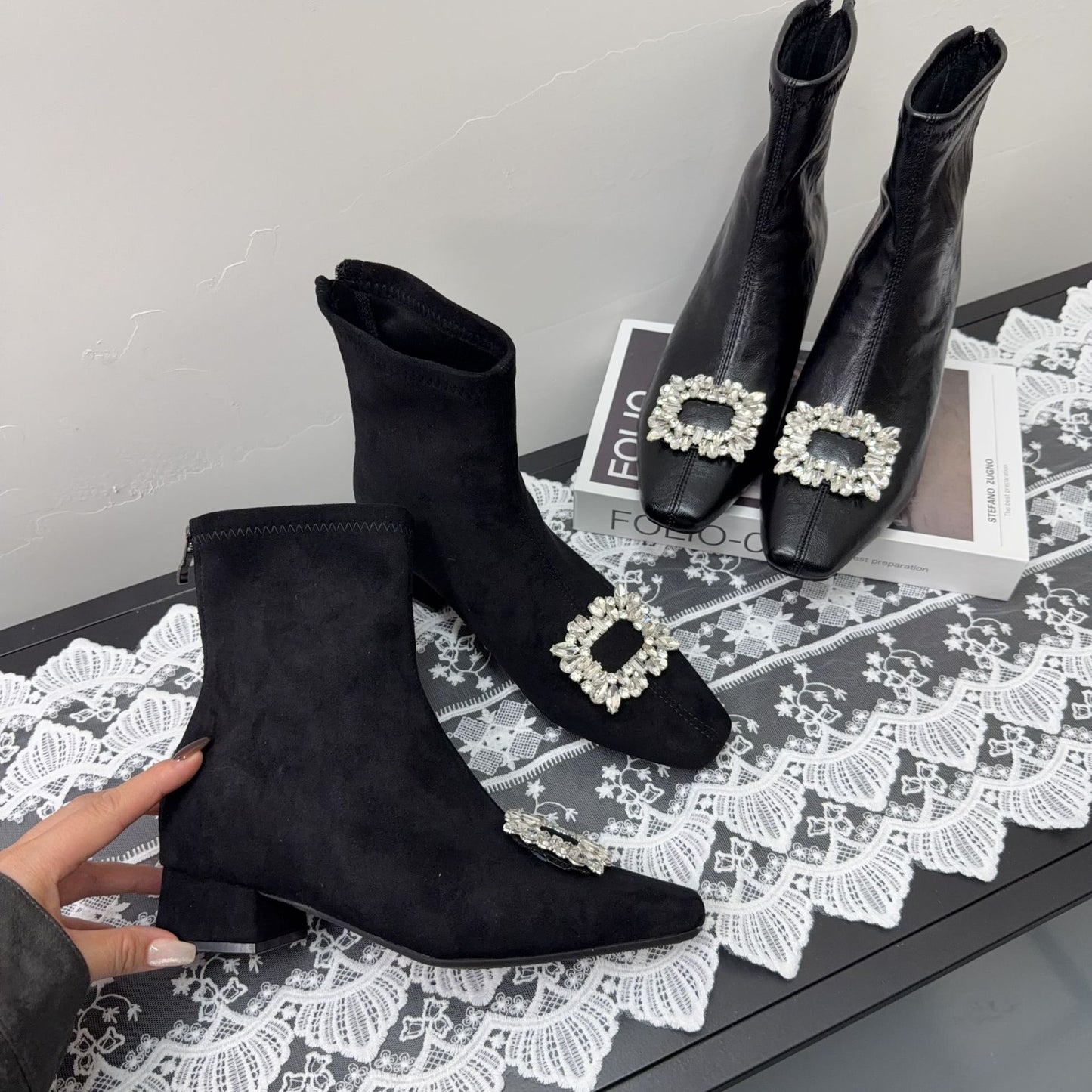 Women's Increasing Insole French Square Head Skinny Stiletto Ankle Fashion Women's Leather Boots