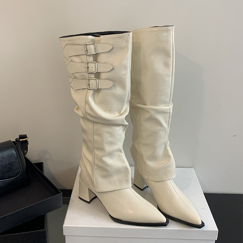 Women's Two-way Retro Hot Style High Long Thick Pleated Women's Leather Boots