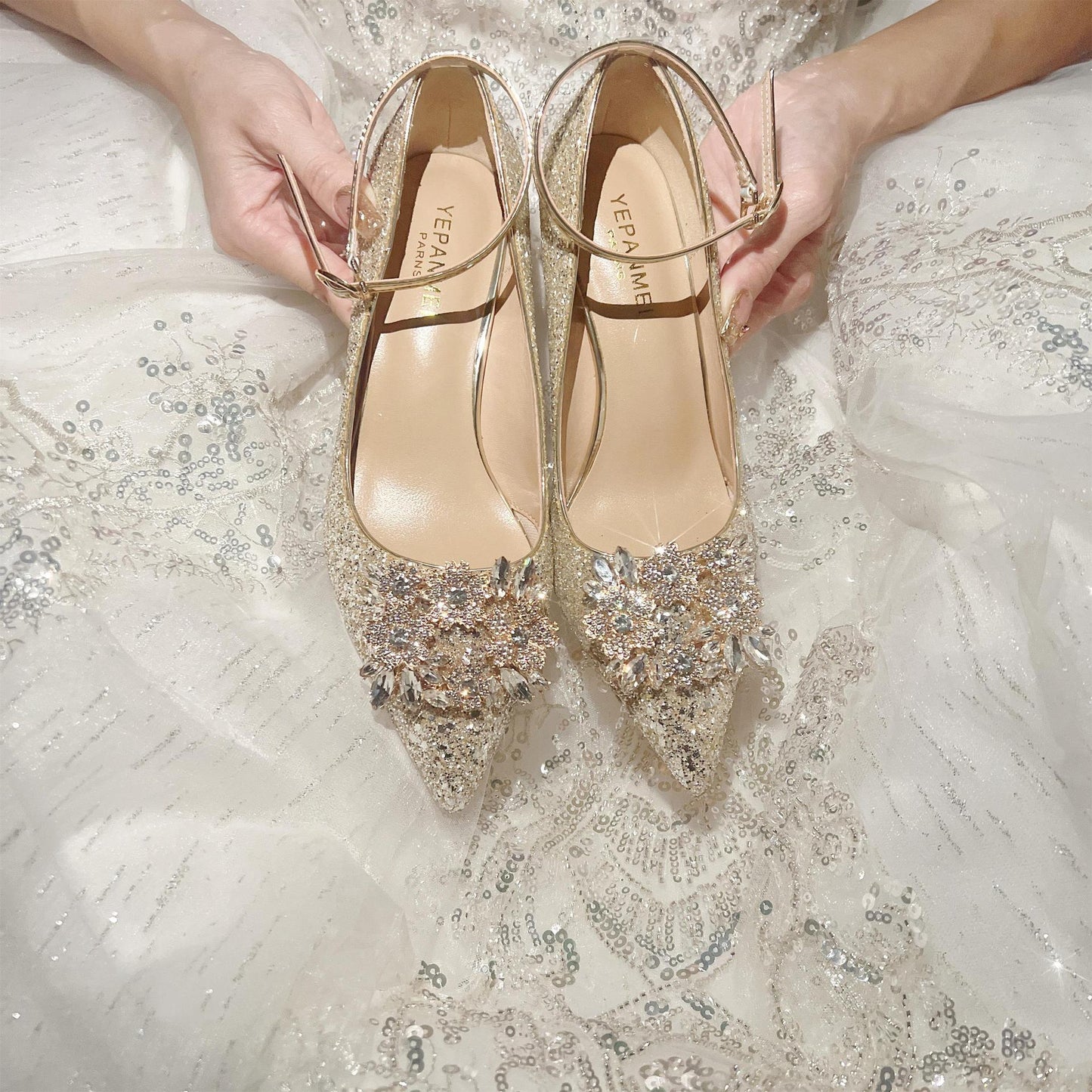 Women's Dress Two-way Wear Crystal Bridal Champagne Heels