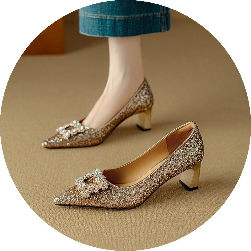 Women's Chunky Champagne Gold French High Rhinestone Square Buckle Bridal Wedding Men's Shoes