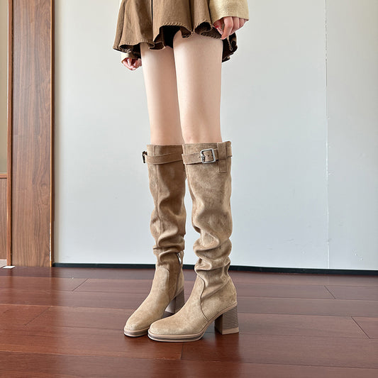 Women's Pile Style For V Cut Slimming Round Toe Thick High Women's Leather Boots