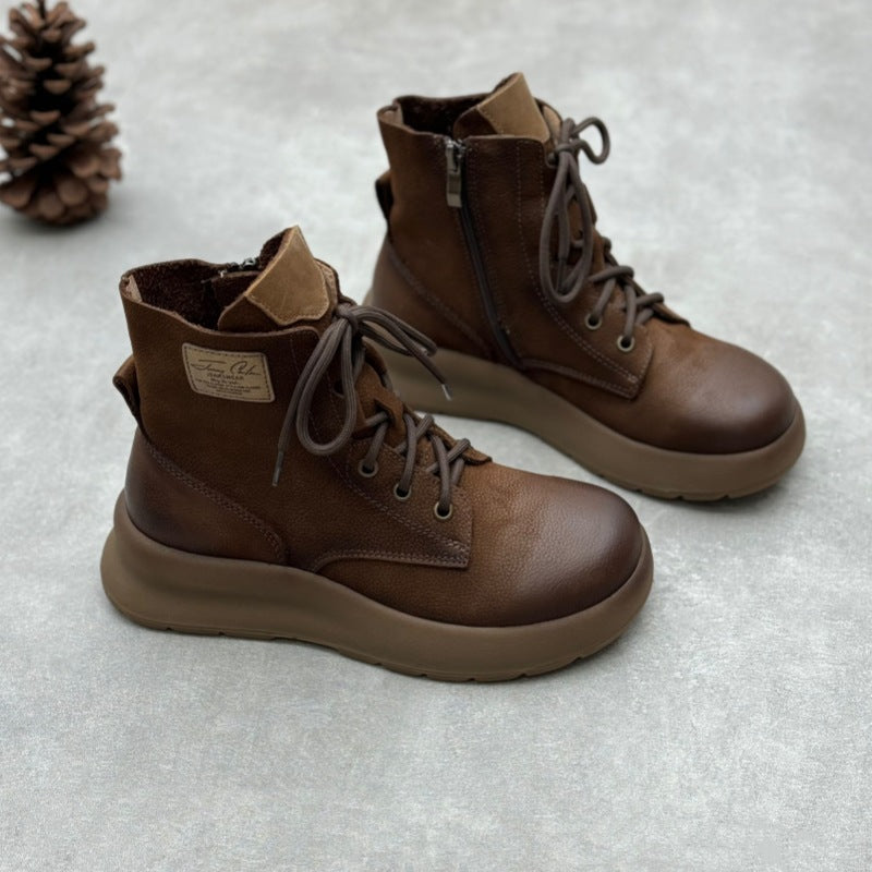 Women's Handmade Thick-soled Martin Retro Artistic Round Toe Side Zip Women's Leather Boots
