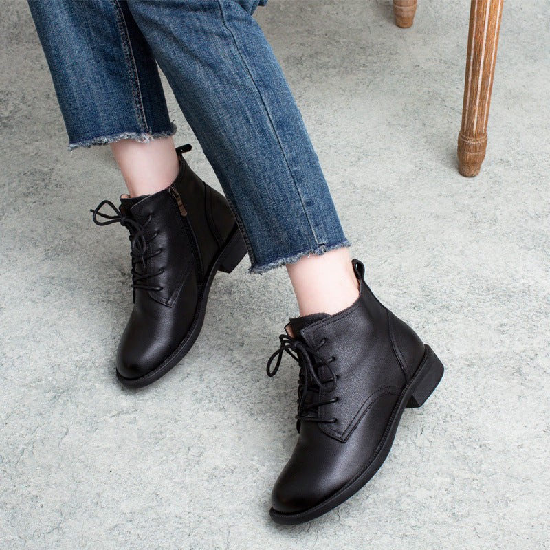 British Style Cow Round Toe Side Zipper Flat Boots