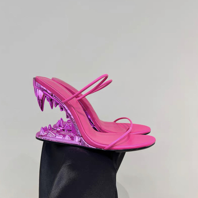 Metal Giant Tooth Tiger Abnormal Shape Open Toe Heels