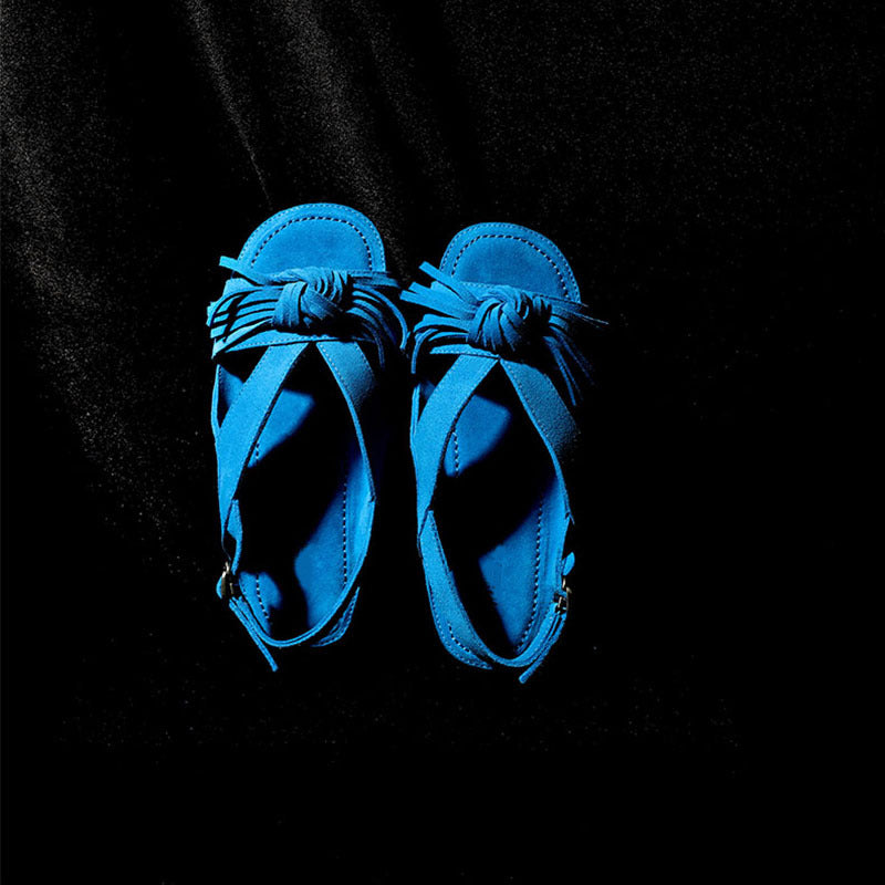 Style First Layer Frosted Cow Suede Handmade Knot Tassel Bottom Flat Sandals