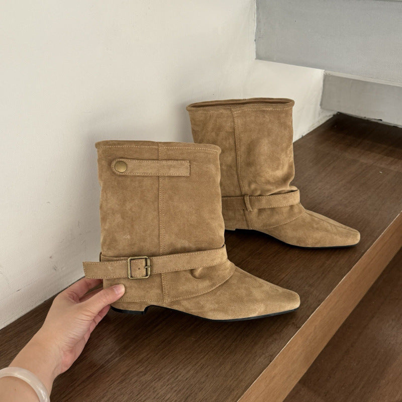 Women's Chunky Square Toe Pantyhose Ankle Belt Buckle Knight Vacation Women's Leather Boots