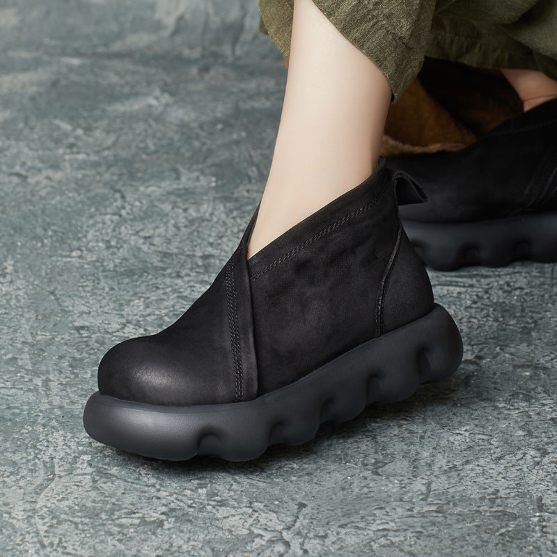 Women's Thick Bottom Short Big Toe Soft Slip On Women's Leather Boots