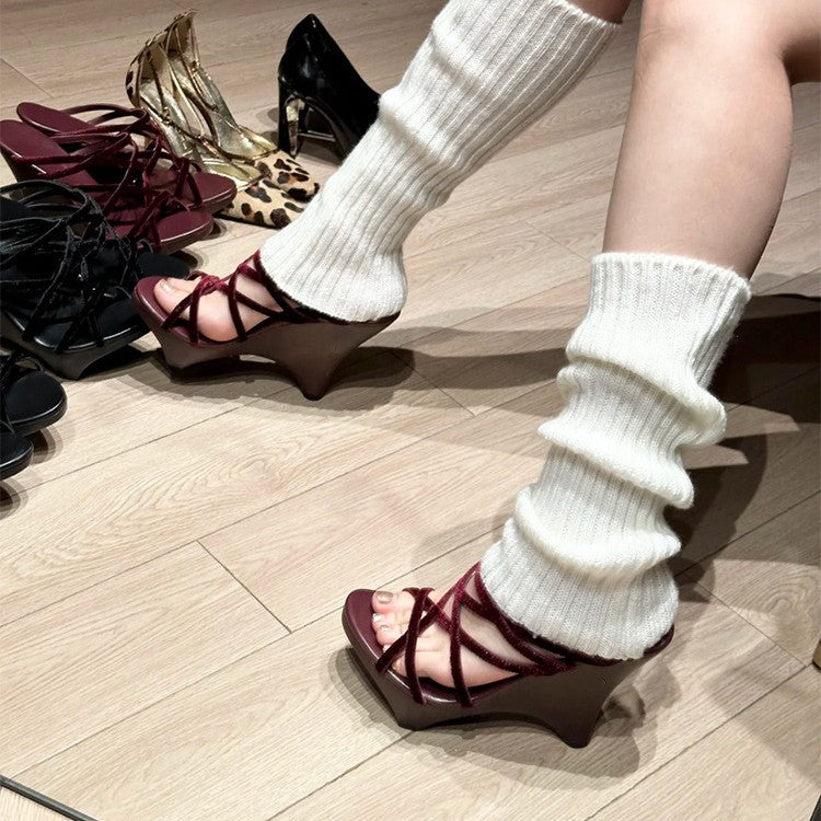 Women's Platform Suede Stiletto Wedge Cross Strap Open Toe Thick-soles Slippers
