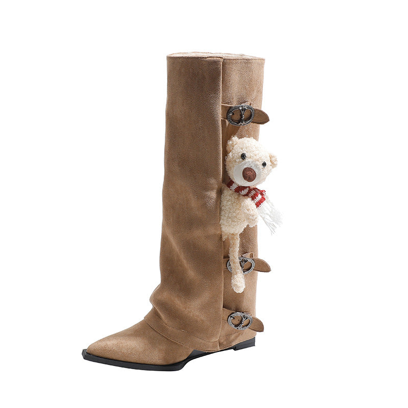 Women's Long Female Khaki Suede Chunky Slimming Pleated Pile Women's Leather Boots