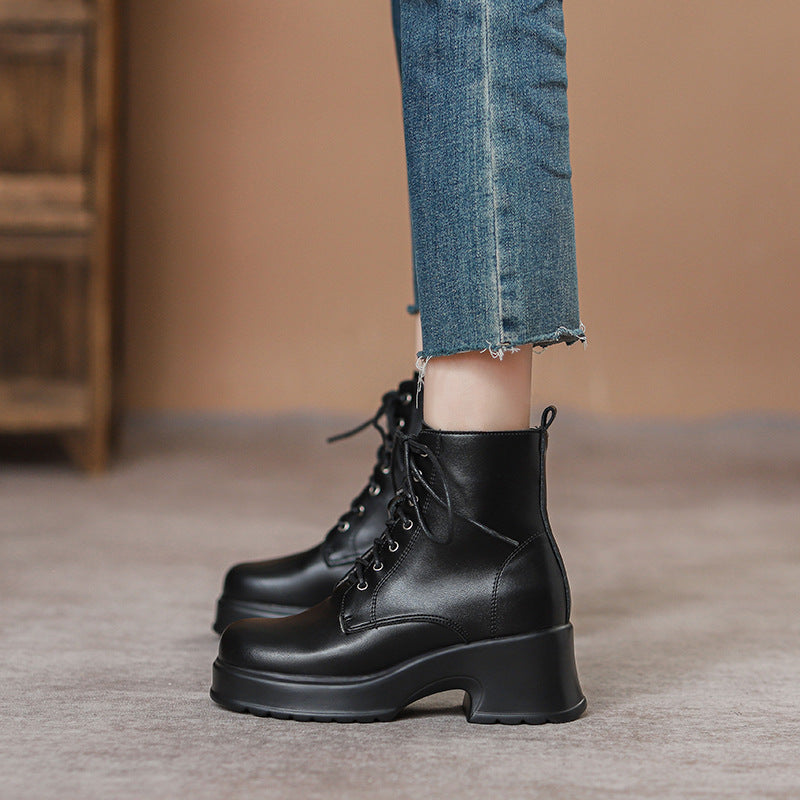 Women's Hight Increasing Martin Fleece-lined Black Retro Muffin Thick Bottom Boots