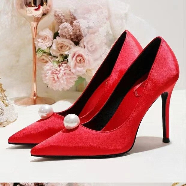Women's Pearl Drill Buckle High Stiletto Pumps Satin Bridesmaid Dress Women's Fashion Shoes