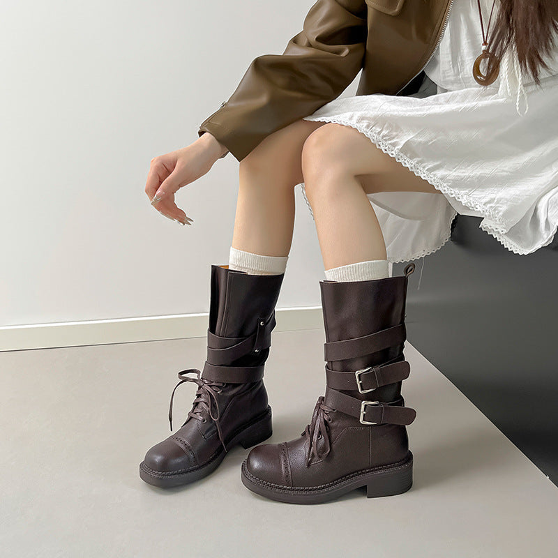 Women's Thick Bottom Chunky Brushed Martin British Style Belt Women's Leather Boots