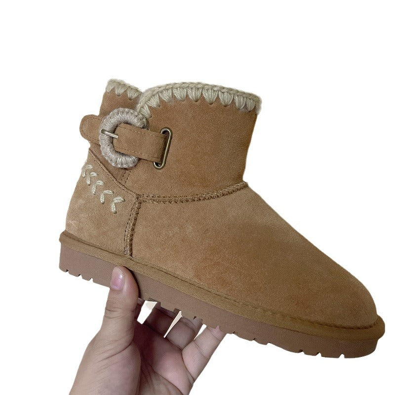 Women's Winter Fur Integrated Woven Buckle Thick-soled Wool Boots