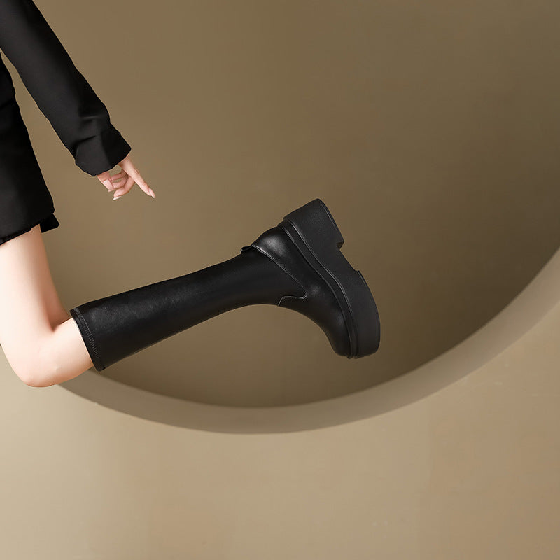 Women's Thick Sole Height Increasing Small Below The Knee Leg Women's Leather Boots