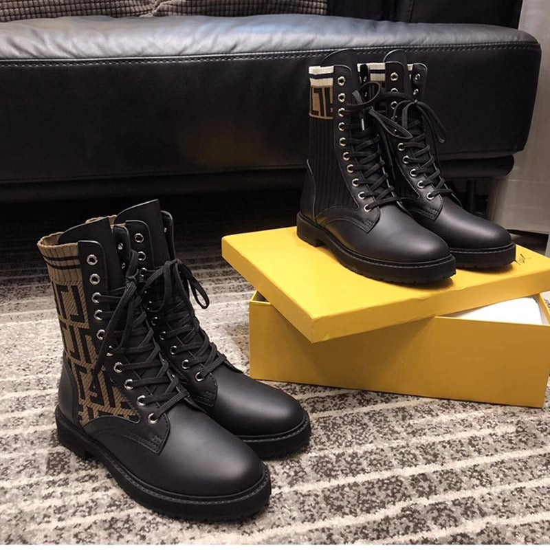 Women's Round Head Chunky Letters Lace Up Elastic Women's Leather Boots