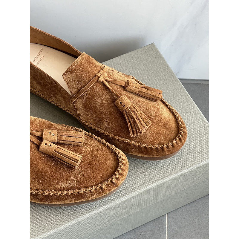 Women's Covered Ancient Tassel Genuine Suede Round Toe Soft Loafers/doug Shoes