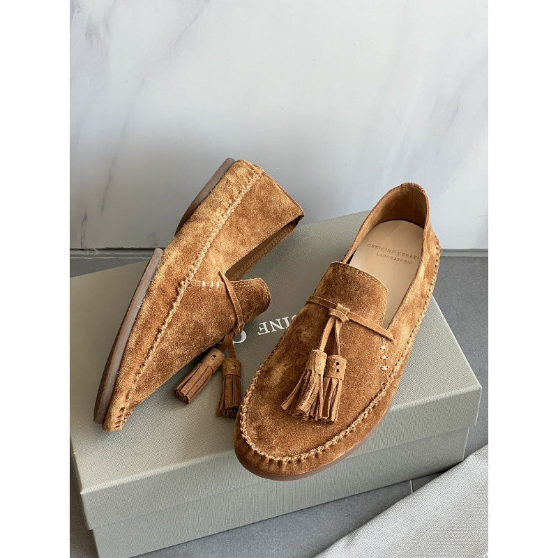 Women's Covered Ancient Tassel Genuine Suede Round Toe Soft Loafers/doug Shoes