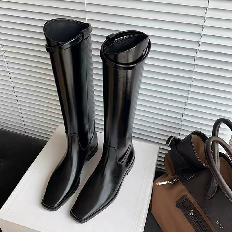 Women's Style Slimming Belt Buckle Below The Knee Chunky Platform Increased Boots