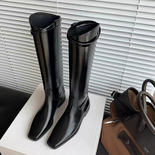 Women's Style Slimming Belt Buckle Below The Knee Chunky Platform Increased Boots