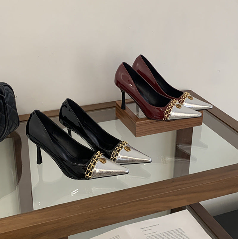 Winter High Metal Chain Stiletto Square Toe Pumps Light Luxury Heels