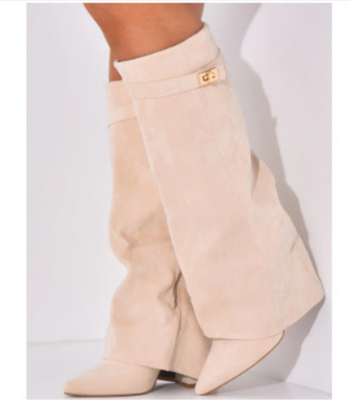 Women's Pointed Toe Large Tube Circumference Straight Metal Buckle Long Size Boots