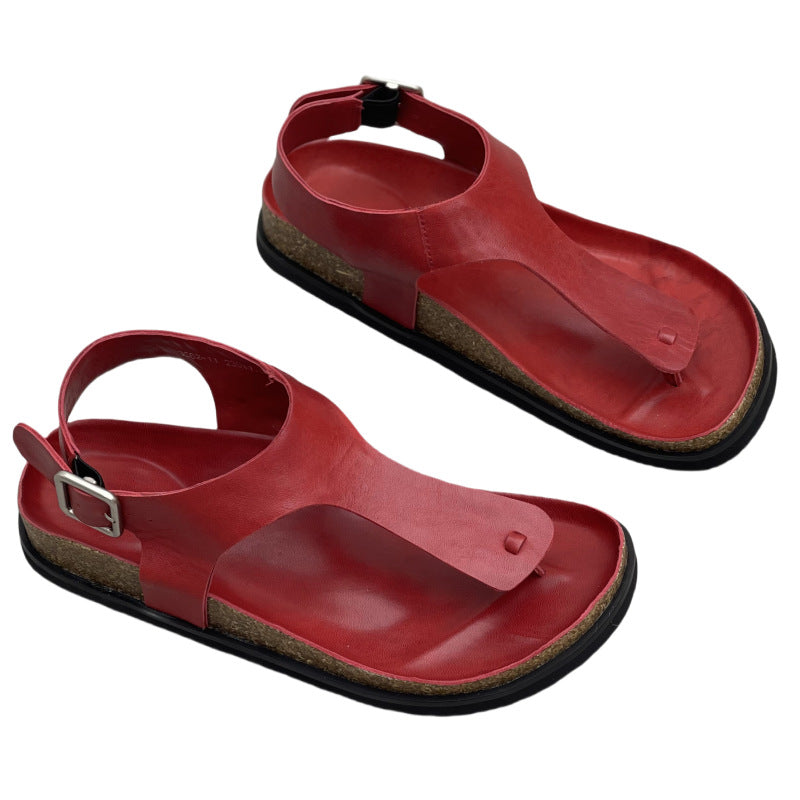 Women's Handmade Genuine Herringbone Toe Covering Solid Color Square Buckle Simple Flat Sandals