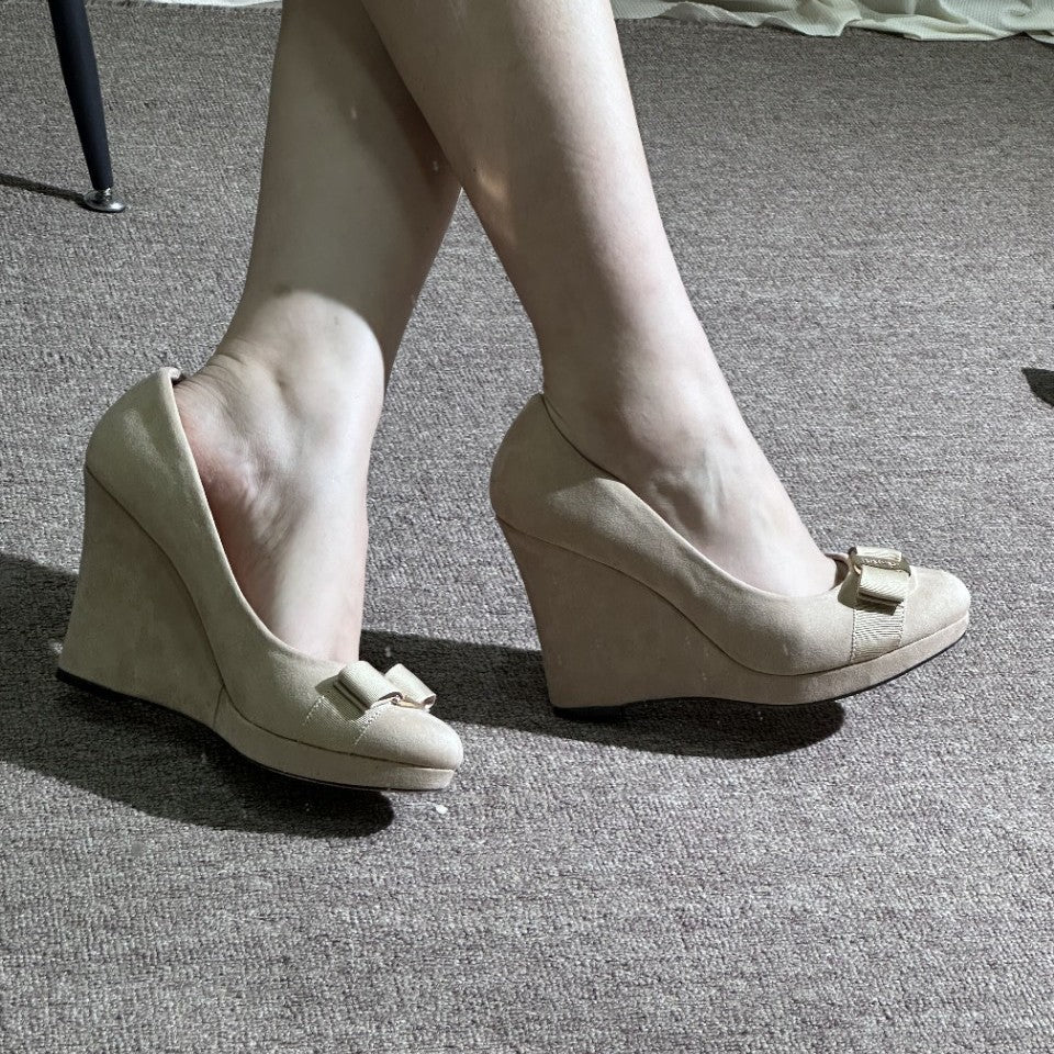 French Purple Vintage Suede Metal Buckle Wedge High Female Heels