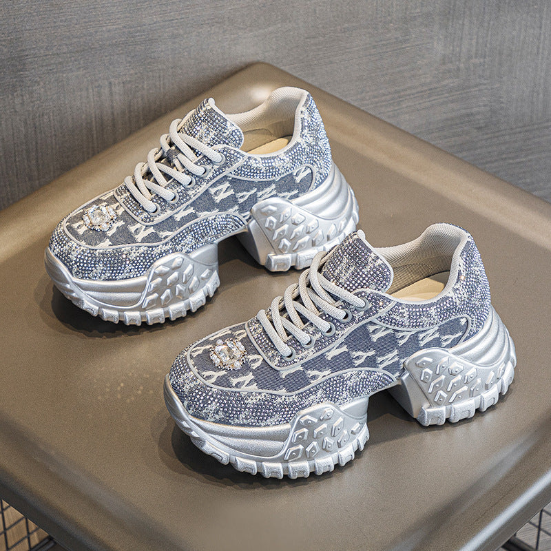 Women's Dad Platform Height Increasing Rhinestone Denim Korean Fashion Street Women's Sports Shoes