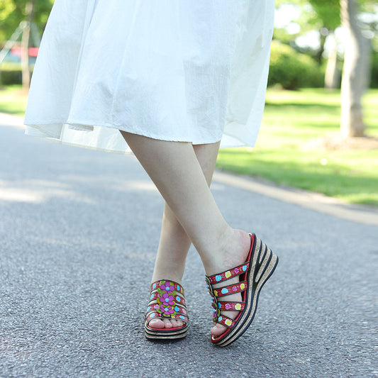 Summer Genuine Hand-rub Color Retro Flower Slippers