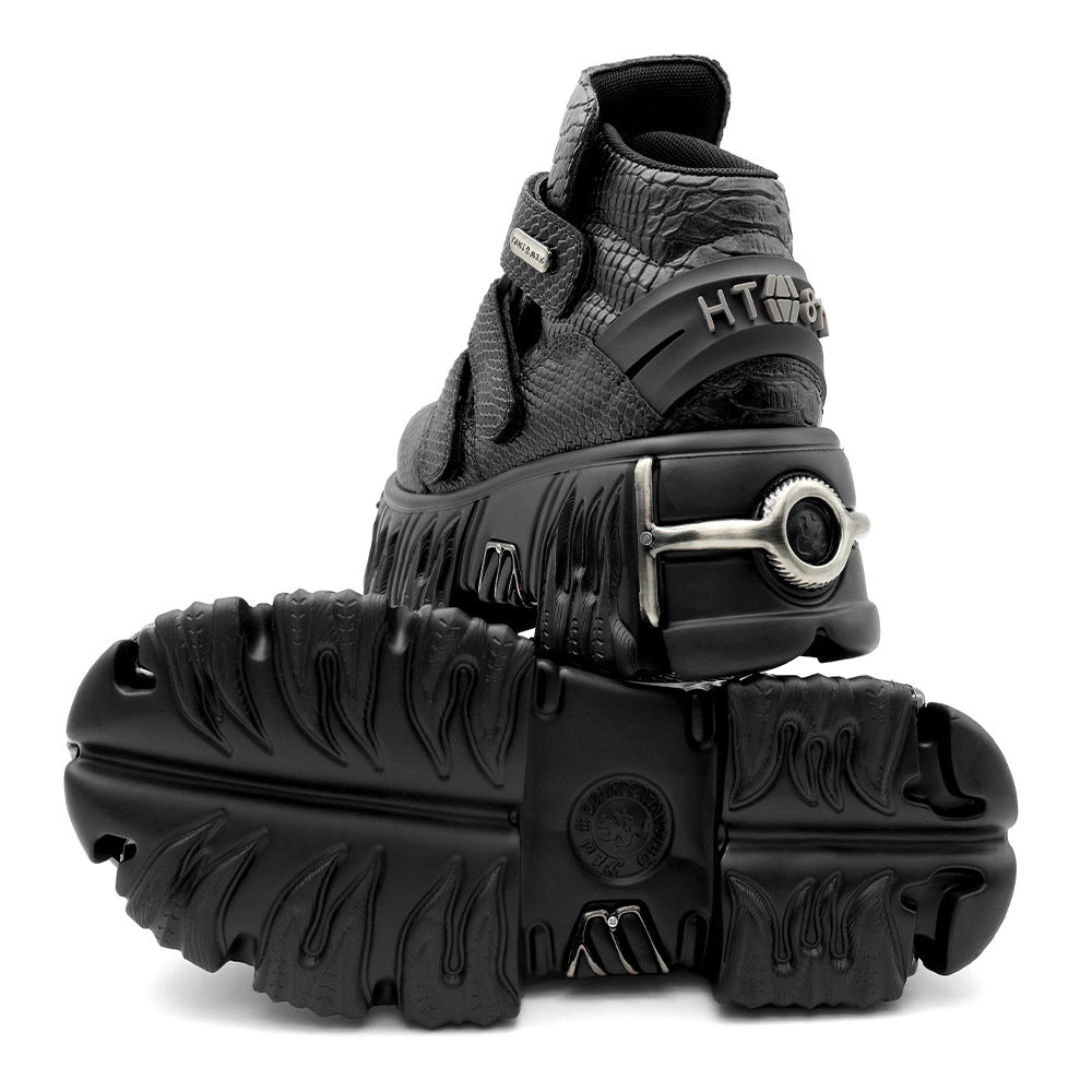 Women's Punk Height Increasing Muffin Tank Bottom Black Python Women's Leather Boots