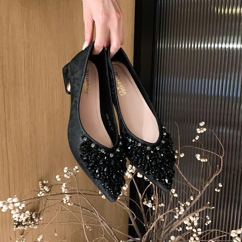 Women's Chinese Style Pointed Toe Pumps Chunky Mid Handmade Women's Fashion Shoes