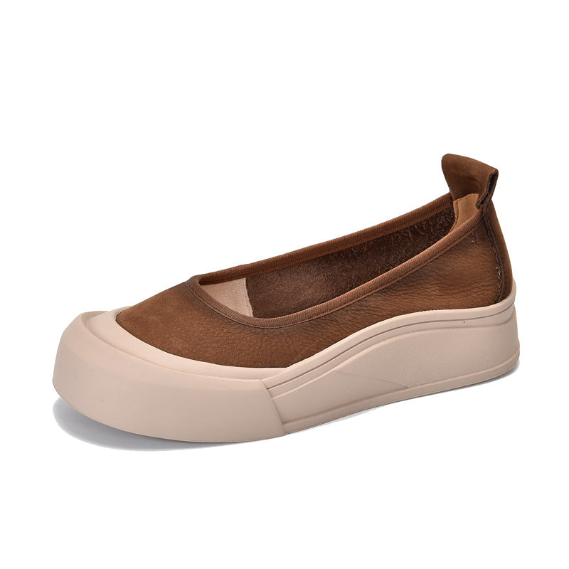Women's Genuine Round Toe Low-cut Slip-on Flat Leather Shoes