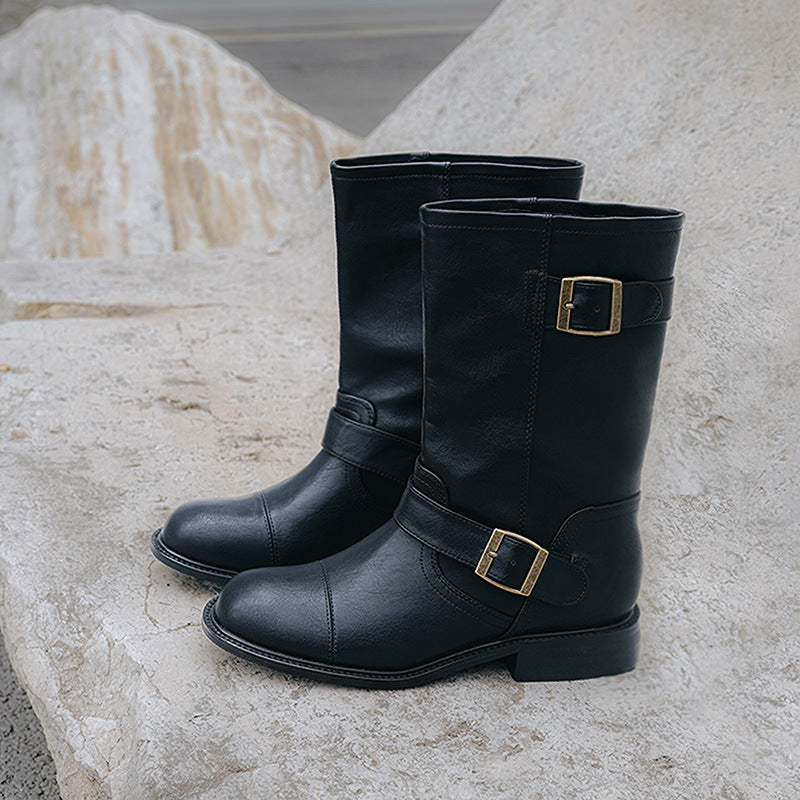 Women's Chunky Retro Wide Tube Middle Riding Belt Women's Leather Boots