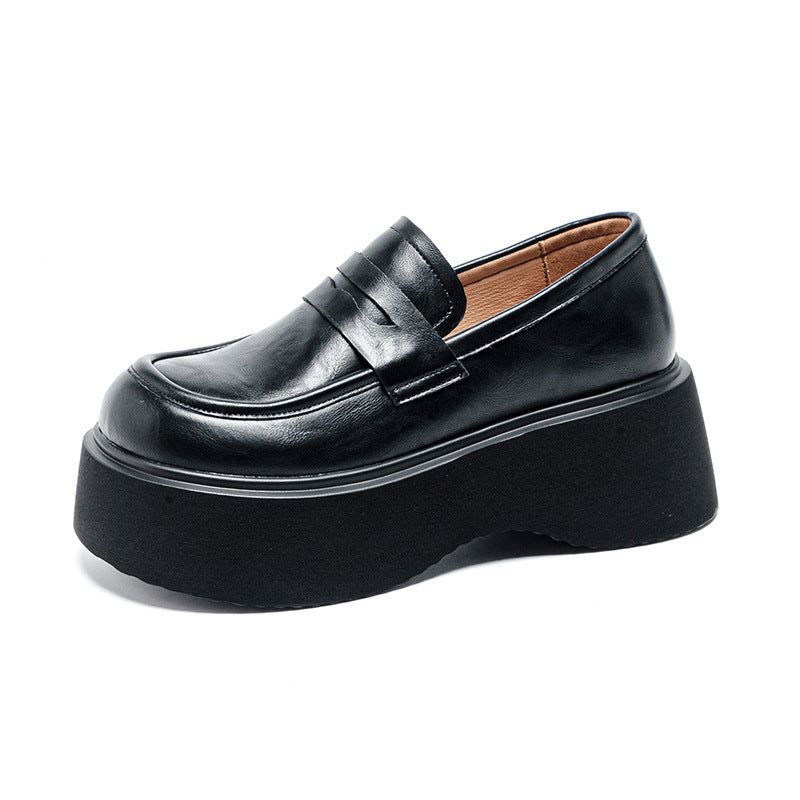 Women's Invisible Elevated Retro Black British Style Small Thick Bottom Loafers