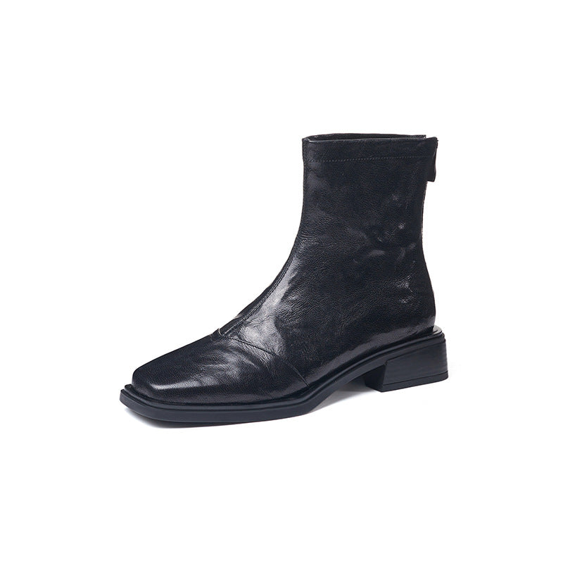 Women's Cowhide Square Toe Booties Fashion Vintage Crumpled Rear Zipper Martin Boots