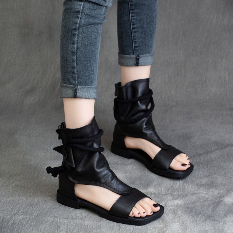 Summer Handmade Genuine Retro Bottom Soft Back Zipper Peep Boots