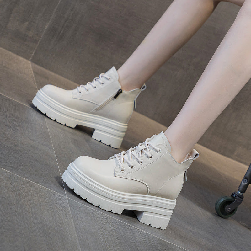 Women's Thick Bottom Increased Platform Lace Up Short Trendy Women's Leather Boots
