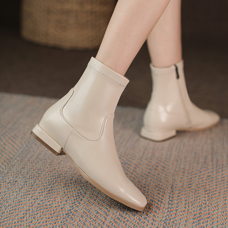 Women's Small Beige Flat Ankle Simple Stretch Women's Leather Boots