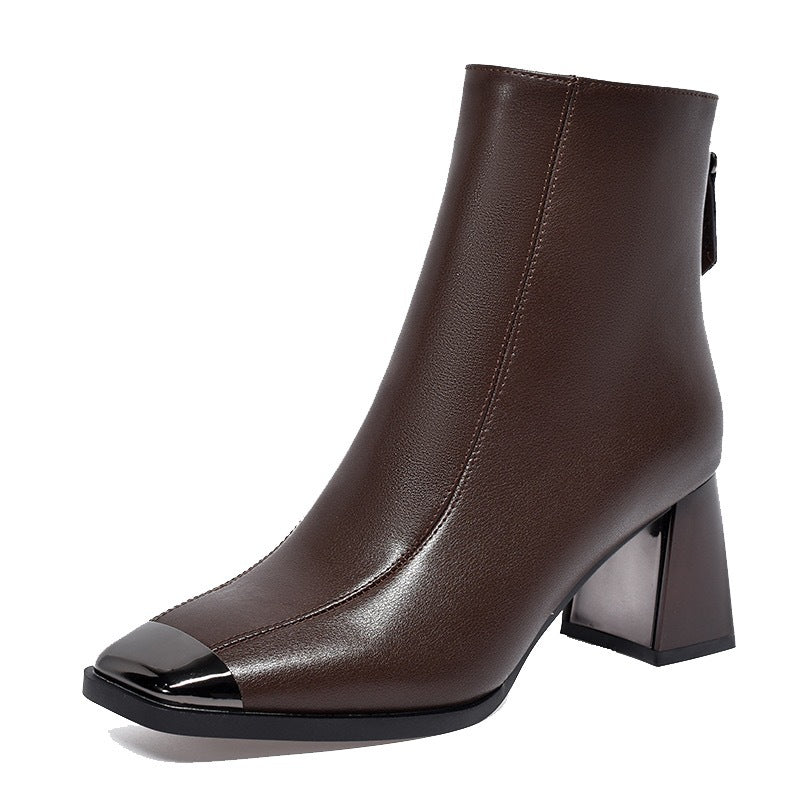 Women's French Vintage Style Authentic Square Toe Chunky Women's Leather Boots