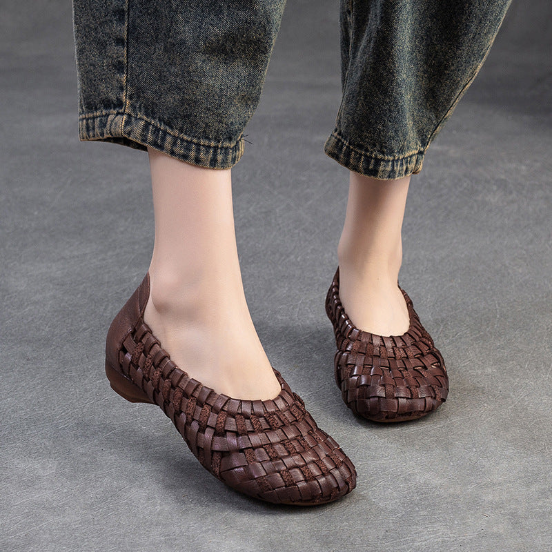 Women's First Layer Cowhide Slip-on Hand-woven Breathable Bottom Men's Shoes